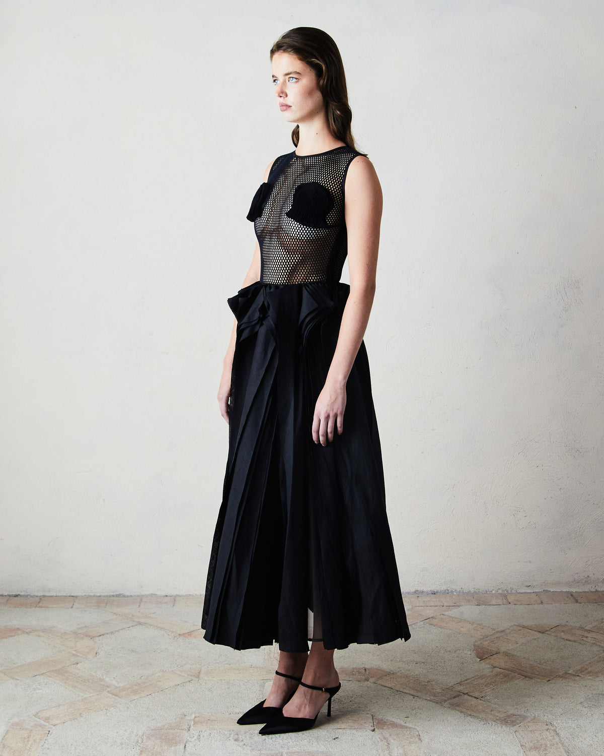 Sleeveless Net Midi Dress with Boli Embellishments & Mille-Feuille Skirt