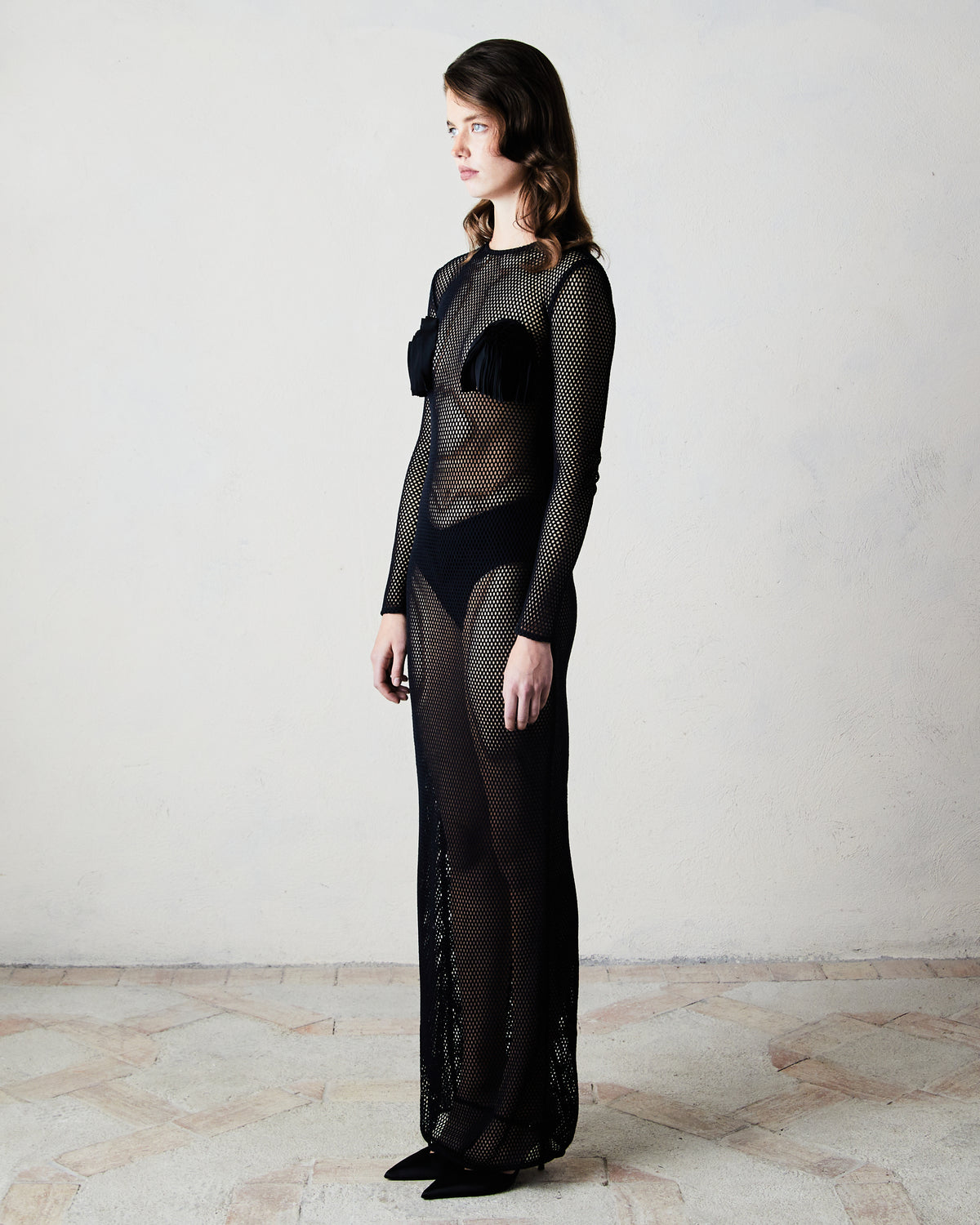 Long Sleeve Net Dress With Boli Embellishments
