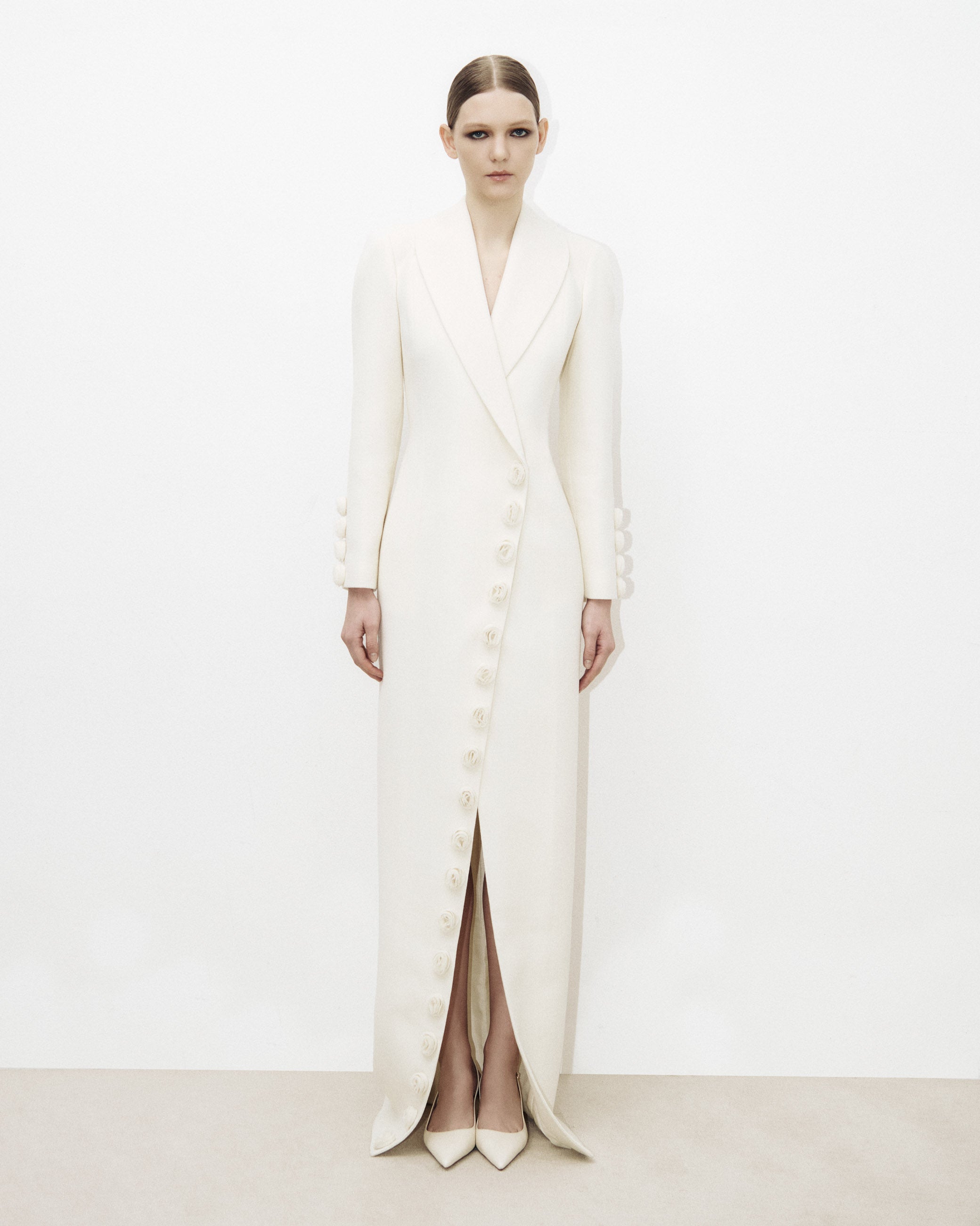 Floor-length Tailored Wool Dress Coat with Boli Embroidery