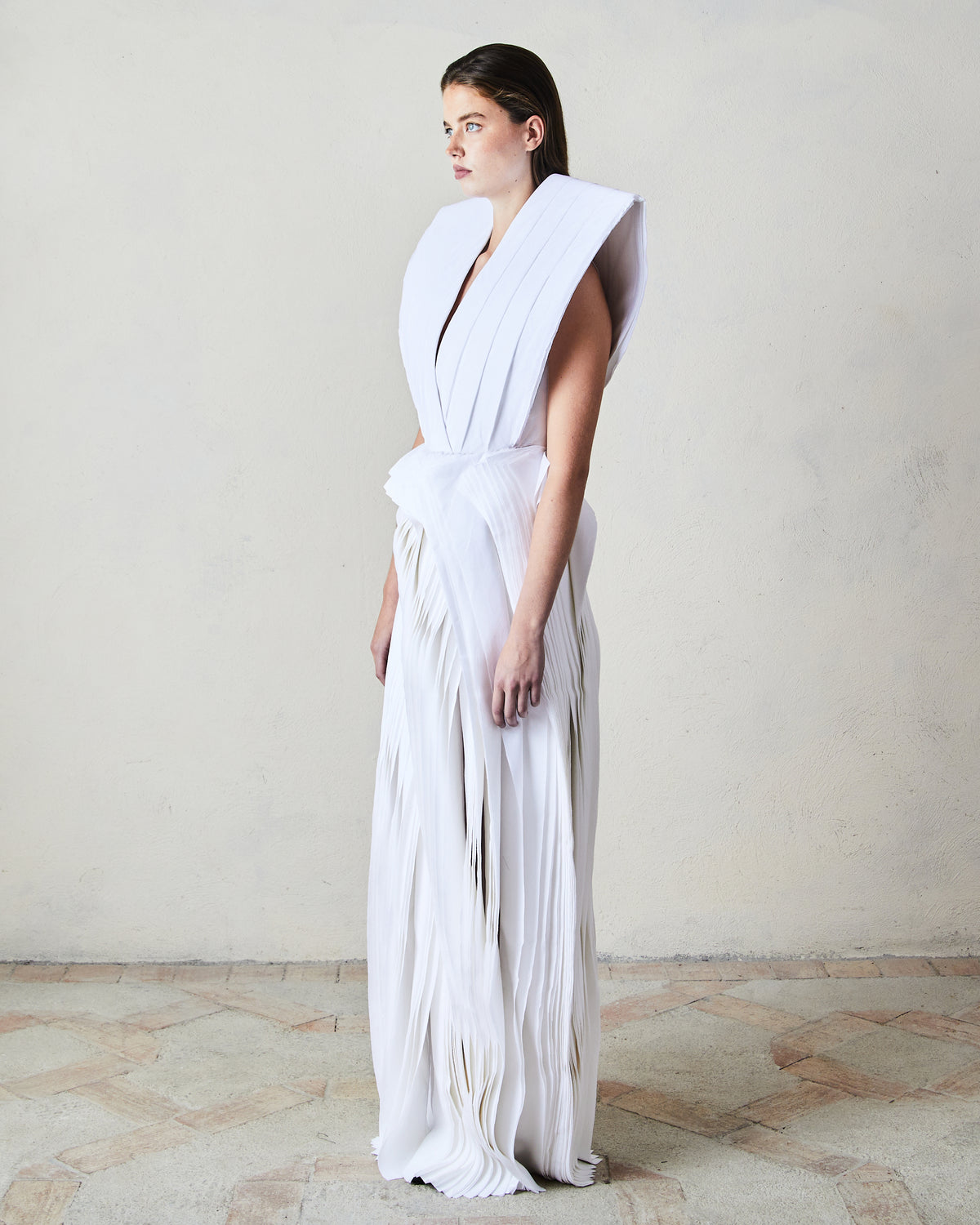Sculptural Long Dress with Mille-Feuille Pleated Skirt